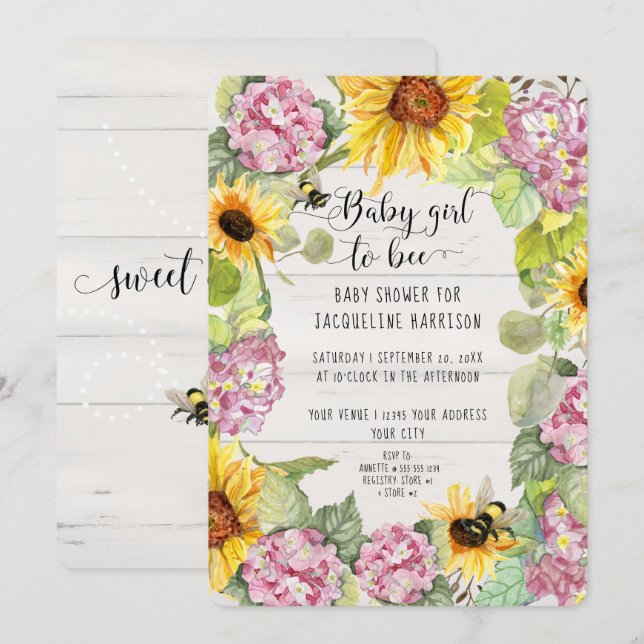 Invitation Baby Girl to Bee tournesol rose Hydrangeas douche (Devant / Derrière)