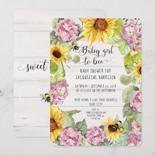 Invitation Baby Girl to Bee tournesol rose Hydrangeas douche