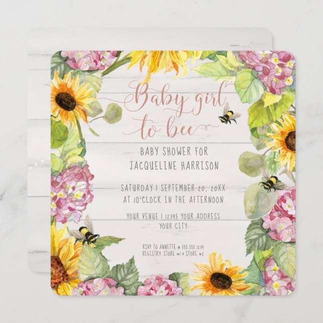 Invitation Baby Girl to Bee tournesol rose Hydrangeas douche (Devant / Derrière)