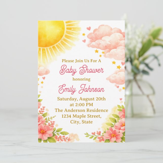 Invitation Baby Girl Watercolor Sunshine Shower (Debout devant)