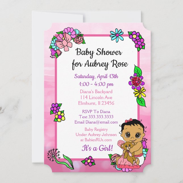 Invitation Baby Girl with Teddy Bear Baby shower rose Ethniqu (Devant)