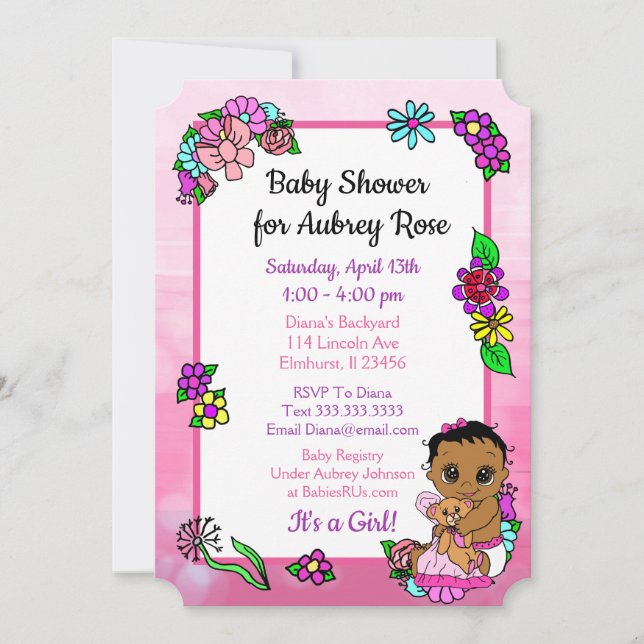 Invitation Baby Girl with Teddy Bear Baby shower rose Ethniqu (Devant)