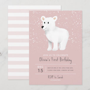 Invitation Baby Girls 1er anniversaire Pink Holiday Ours pola