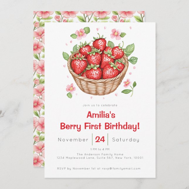 Invitation Baby Girls Strawberry Berry First Birthday  (Devant / Derrière)