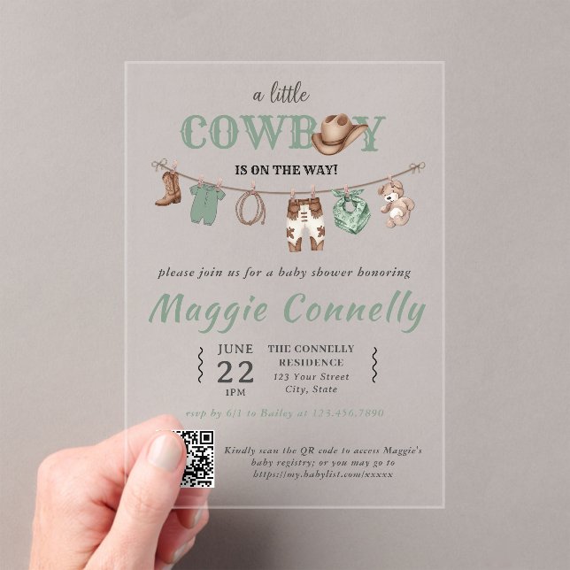 Invitation Baby Green Little Cowboy arrive bientôt (In situ (ordinateur de poche))