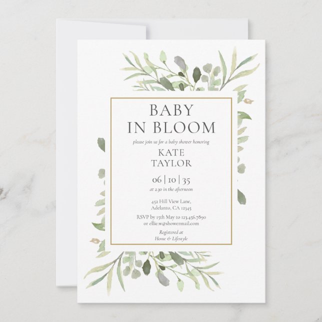 Invitation Baby In Bloom Aquarelle Baby shower vert (Devant)