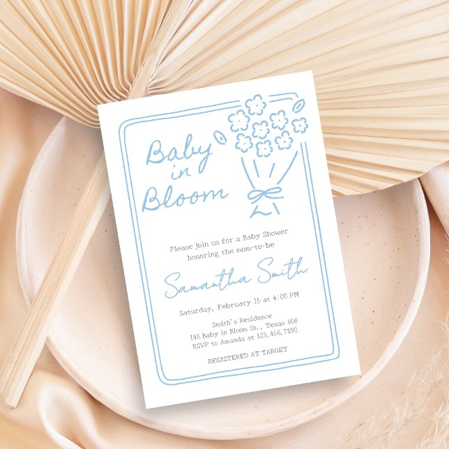 Invitation Baby In Bloom Baby Shower (Blue Hand Drawn Baby in Bloom Baby Shower Invitation)