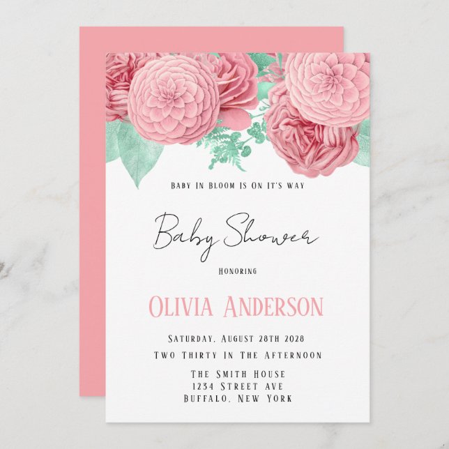 Invitation Baby in Bloom Baby Shower Fleur de Pivoine Rose (Devant / Derrière)