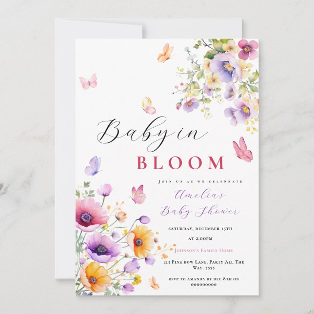 Invitation Baby in Bloom Baby shower papillon Fleur sauvage (Devant)