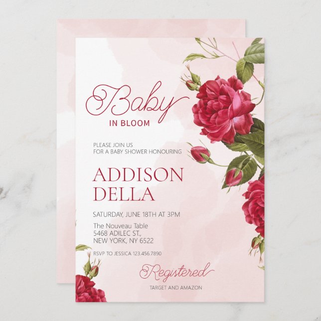 Invitation Baby In Bloom Baby Shower Printemps été floral (Devant / Derrière)