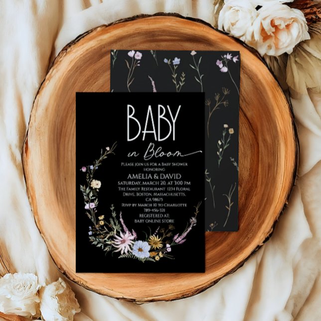 Invitation Baby in Bloom Black Fleur sauvage Baby shower (Créateur téléchargé)