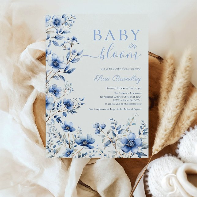 Invitation Baby In Bloom bleu poussiéreux Baby shower fleur s (Baby In Bloom dusty blue wildflowers Baby shower Invitation)