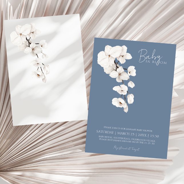 Invitation Baby In Bloom Bleu Poussiéreux Orchidée Blanche Fê (Baby in Bloom Dusty Blue White Orchids Baby Shower Invitation)