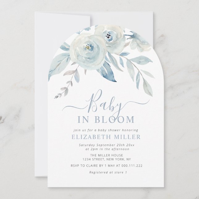 Invitation Baby in bloom blue floral baby shower (Devant)