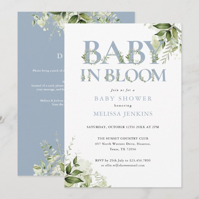 Invitation Baby In Bloom Blue Greenery All In One Baby Shower (Devant / Derrière)