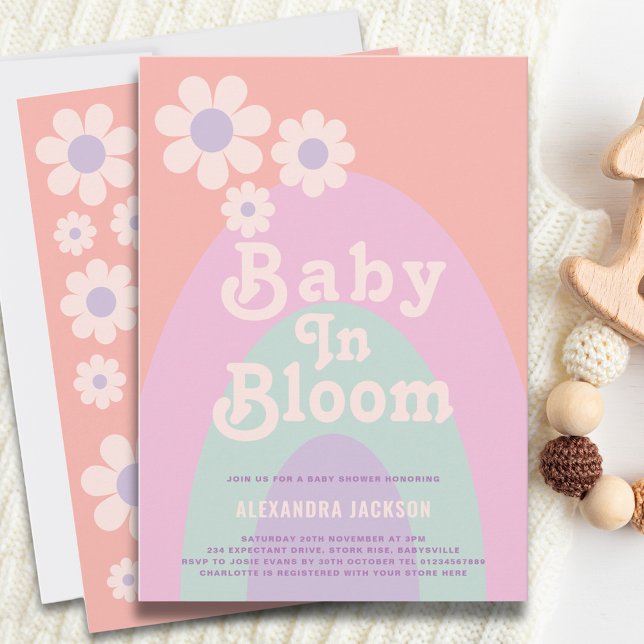 Invitation Baby in Bloom Boho Daisy Rainbow Baby shower (Baby in bloom boho rainbow girl baby shower invitation)