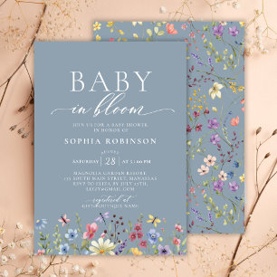 Invitation Baby in Bloom Boho Fleur sauvage Baby shower bleu
