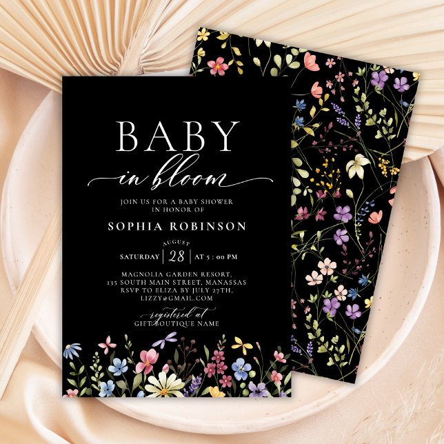 Invitation Baby in Bloom Boho Fleur sauvage Baby shower noir (Créateur téléchargé)