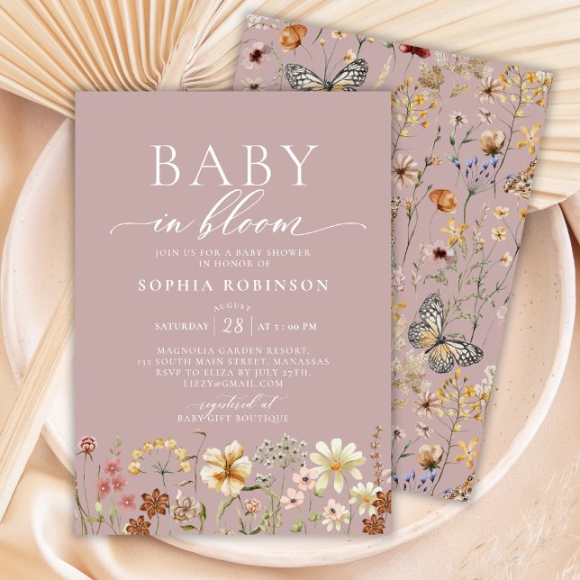 Invitation Baby in Bloom Boho Fleur sauvage Baby shower rose (Créateur téléchargé)