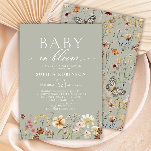 Invitation Baby in Bloom Boho Fleur sauvage Baby shower vert (Créateur téléchargé)