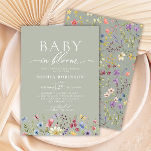 Invitation Baby in Bloom Boho Fleur sauvage Baby shower vert