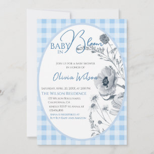 Invitation Baby In Bloom Boy En vichy Floral Baby shower Bleu