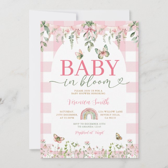 Invitation Baby in Bloom Butterfly Pink Bow Baby Shower (Devant)