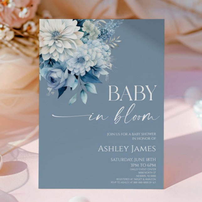 Invitation Baby In Bloom Dusty Blue Floral Baby Shower (Créateur téléchargé)