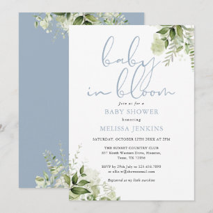 Invitation Baby In Bloom Dusty Blue Greenery Baby Shower