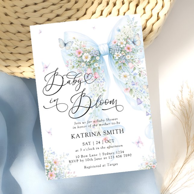 Invitation Baby in Bloom Elegant Blue Bow Baby Shower (Créateur téléchargé)