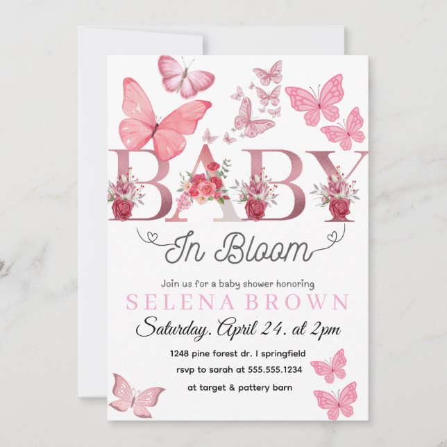 Invitation BABY In Bloom – Elegant Butterfly Baby Shower card (Devant)
