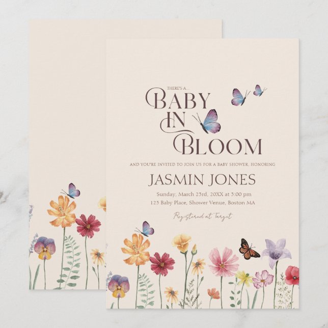 Invitation Baby In Bloom Fête de Naissance Fleur Sauvage Papi (Devant / Derrière)
