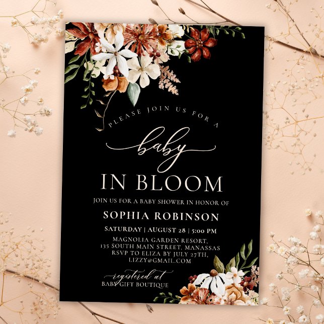 Invitation Baby in Bloom Fleur sauvage Baby shower noir (Créateur téléchargé)