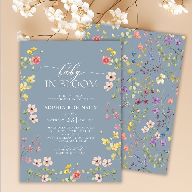 Invitation Baby in Bloom Fleur sauvage Boho Baby shower bleu (Créateur téléchargé)