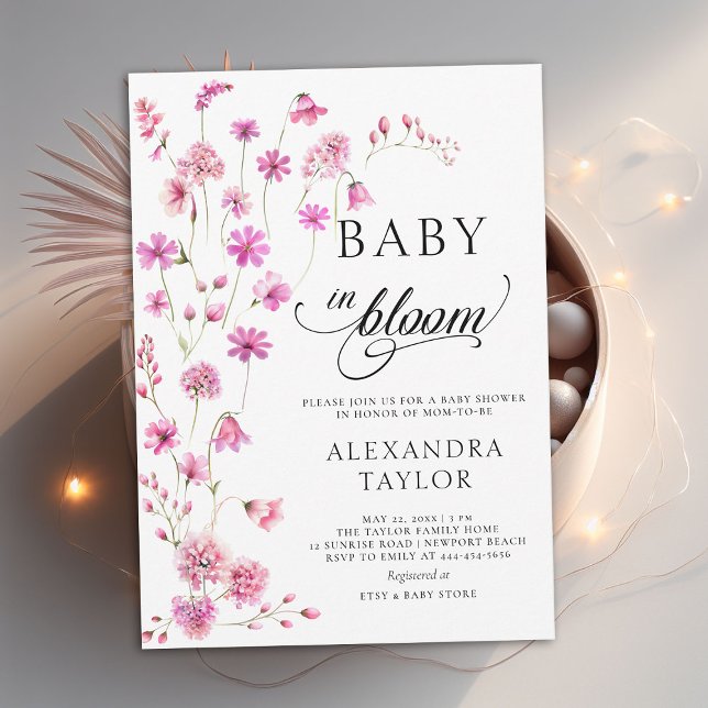 Invitation Baby in Bloom Fleur sauvage Script Baby Girl Douch (baby in bloom wildflowers baby shower invitation pink watercolor cottage garden cute sweet boho chic)