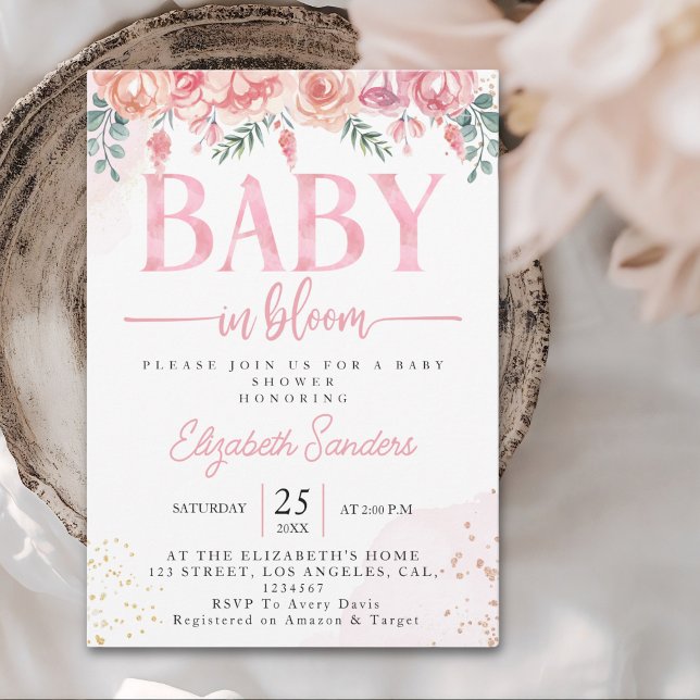 Invitation Baby in Bloom Floral Baby Shower – Pink Roses (Créateur téléchargé)