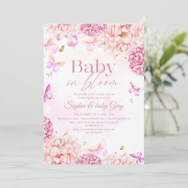 Invitation Baby in Bloom Floral Blush pink gold Baby Shower (Debout devant)