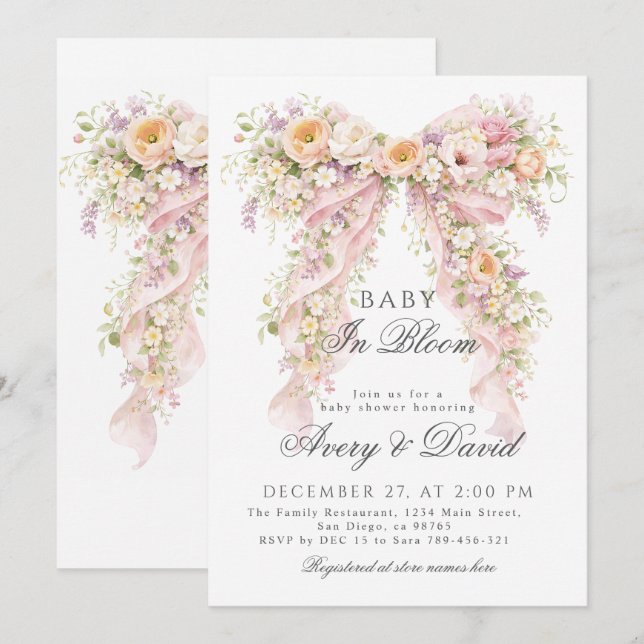 Invitation Baby in bloom Floral Bow Girl Baby Shower  (Devant / Derrière)