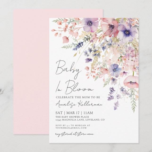 Invitation Baby In Bloom Floral Girl Baby Shower (Devant / Derrière)