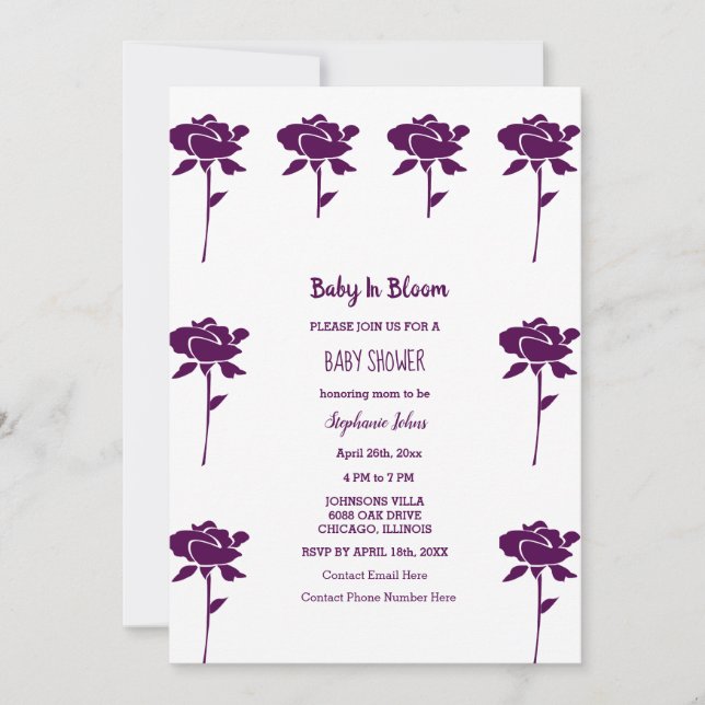 Invitation Baby In Bloom Girl Baby shower violet Rose 2024 (Devant)