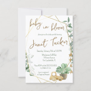 Invitation Baby in Bloom Gold Frame, Baby shower verdoyant