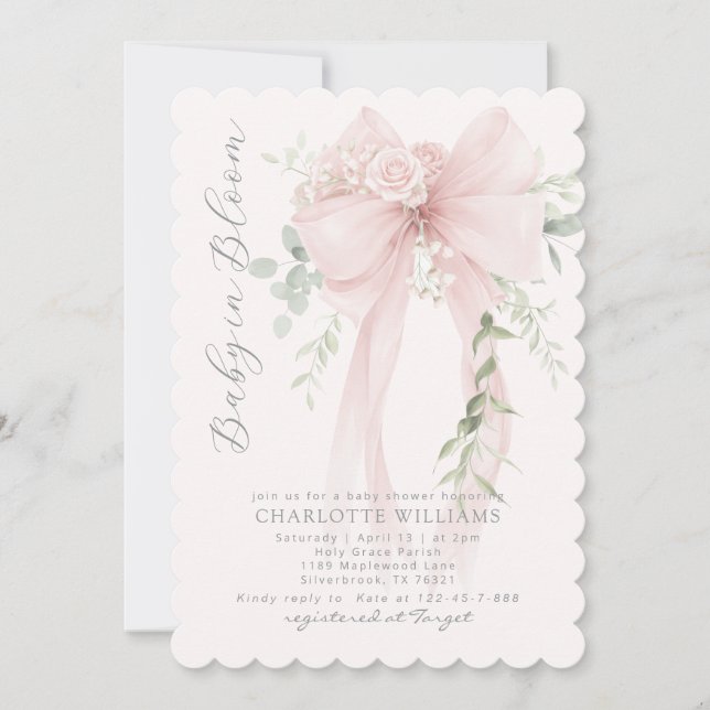 Invitation Baby in Bloom Greenery Bow Elegant Baby shower (Devant)