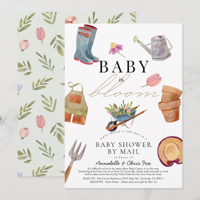 Invitation Baby in Bloom Jardinage Outils Baby shower par cou (Devant / Derrière)