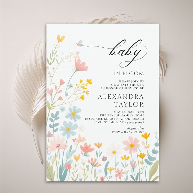 Invitation Baby in Bloom Pastel Fleurs sauvages Baby Girl Dou (baby in bloom wildflowers baby shower invitation pastels watercolor cottage garden cute sweet boho)