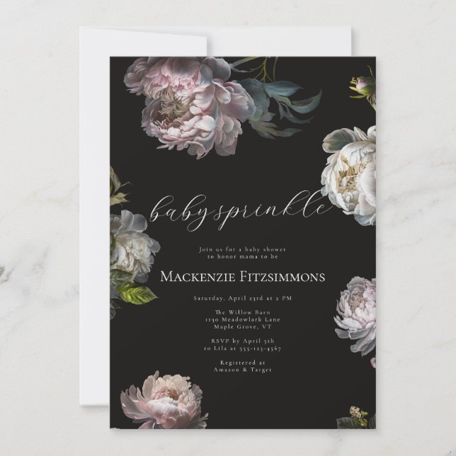 Invitation Baby in Bloom Peony Dark Floral Baby Sprinkle (Devant)