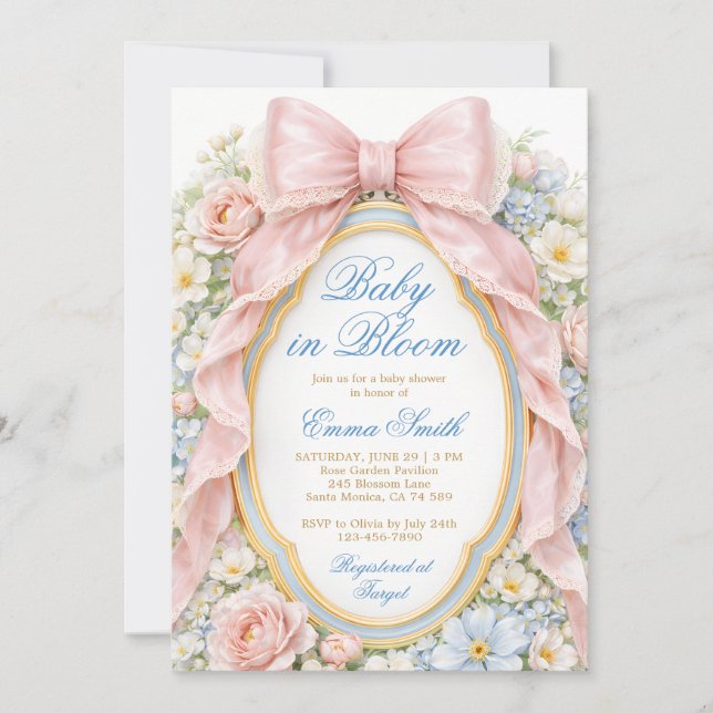 Invitation Baby in Bloom Pink Bow Floral Baby Shower (Devant)