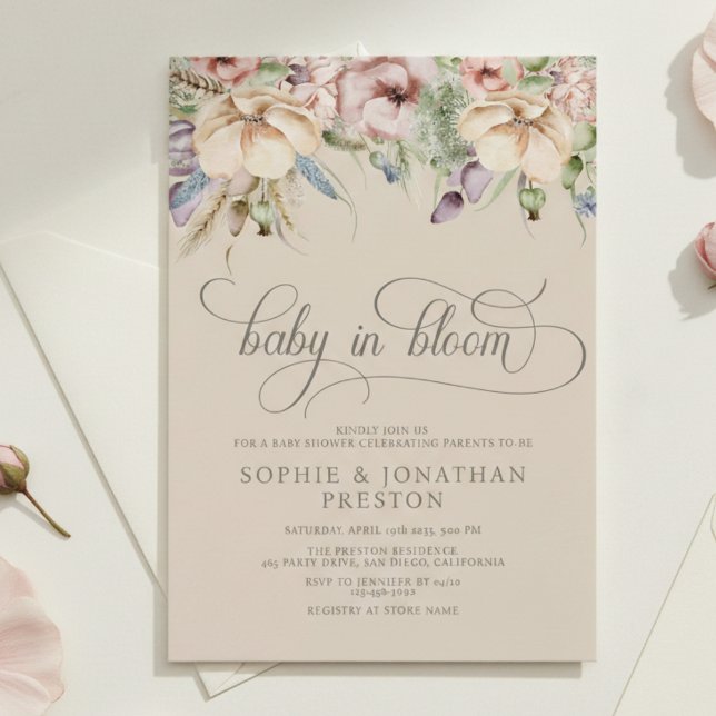 Invitation Baby In Bloom QR Beige Wildflower Baby Shower (Créateur téléchargé)
