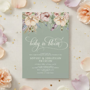 Invitation Baby In Bloom QR Vert Sauge Fleur Sauvage Baby Sho