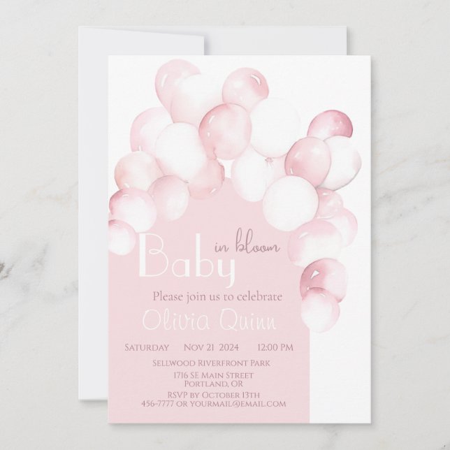 Invitation Baby in Bloom rose ballons baby shower arc (Devant)