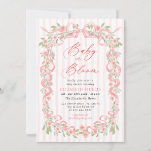 Invitation Baby in Bloom Ruban Rose Fleurs Roses Baby Shower